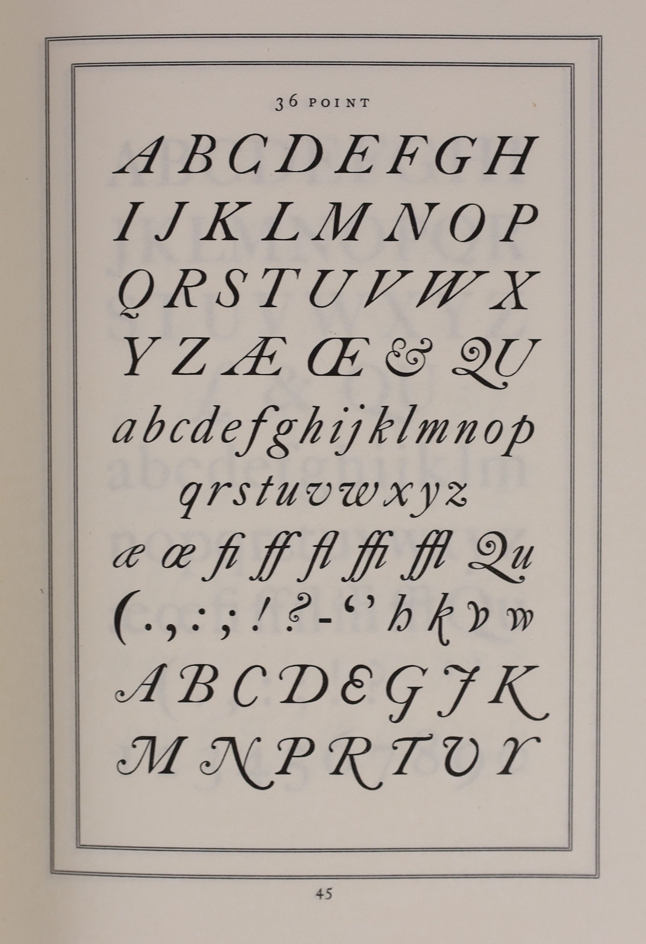 The Curwen Press - A Specimen Book of Types & Ornaments. 1st and limited ed. one of 135. Adorned with illustrated plates on type faces and numerous vignettes, many in colour. Morocco with panelled spine and gilt letters